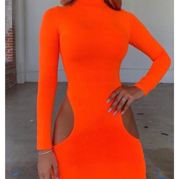 Oh Polly NWT Outsider Bodycon Mini Dress Long Sleeve Cut Out Neon Orange Size 6 - Picture 2 of 14